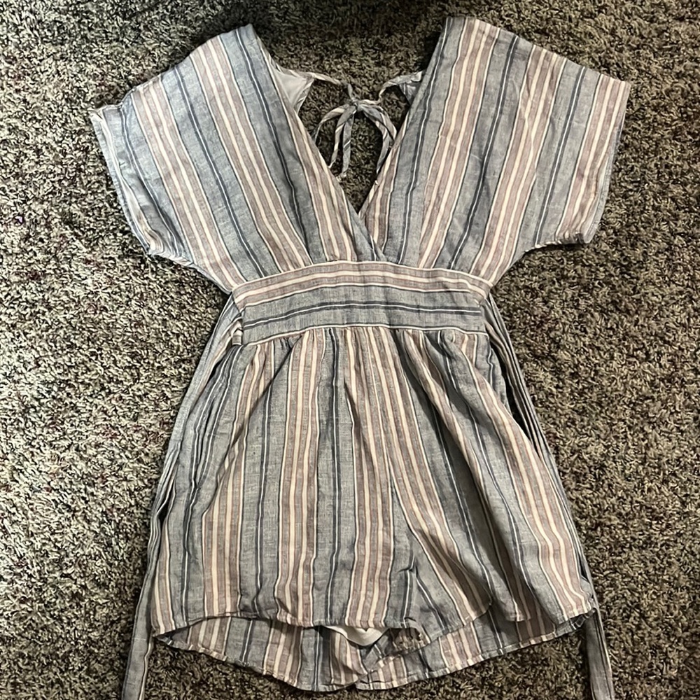 Linen Striped Short Sleeve Romper